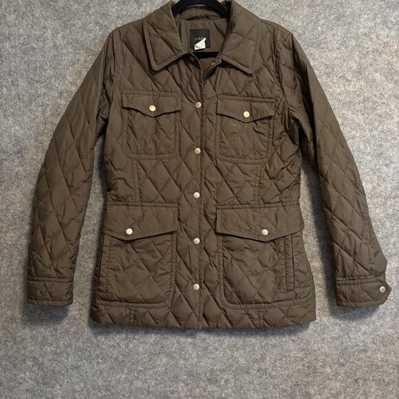 J.CREW Jackets & Blazers - J Crew Jacket Womens Size Medium Green Quilted Down Snap Pockets Mid Length Coat